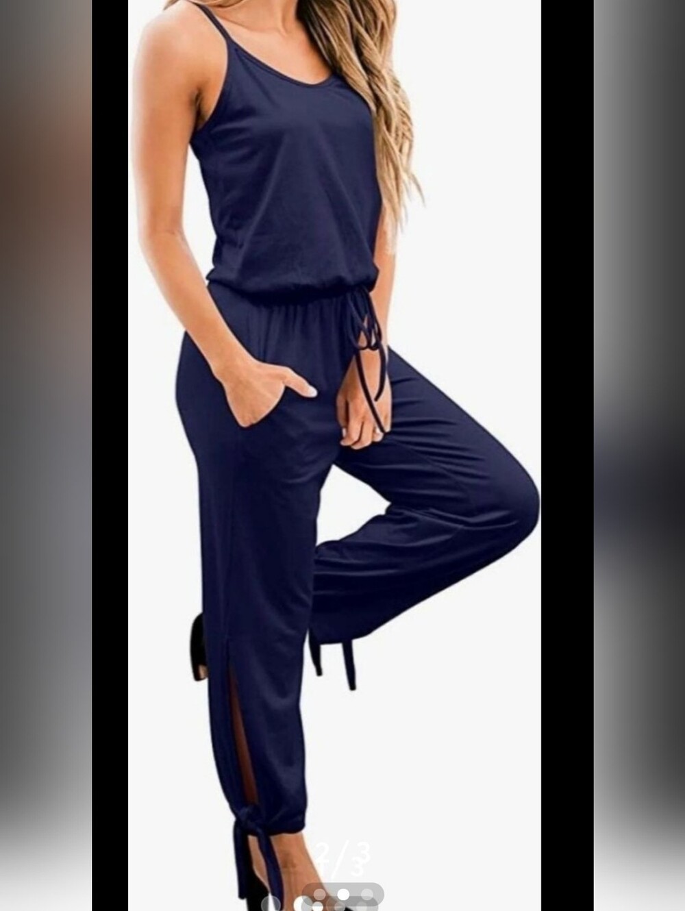 ANRABESS Women’s Spaghetti Straps V Neck Tie Ankle Slit Side Jumpsuits